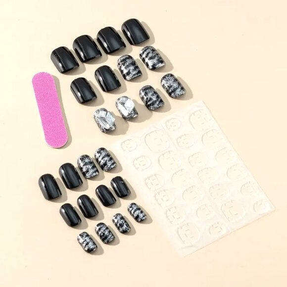 Nails Black Zebra Stripes 24 Fake Press On Glossy Silver Glitter Glam Trendy Fun - Picture 3 of 6